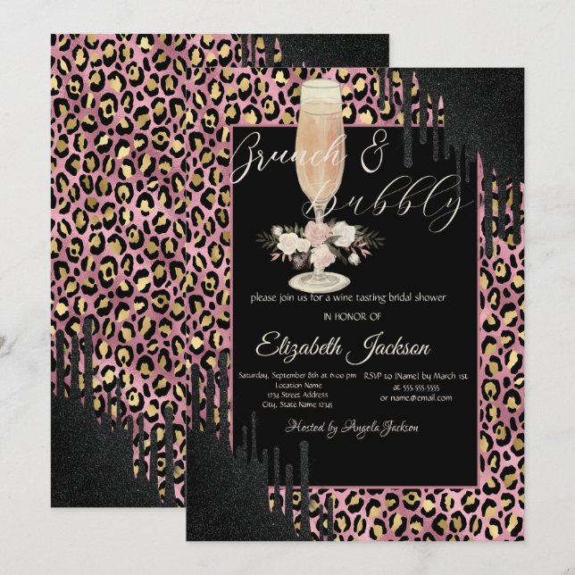  Drips,Glass,Flower Leopard Print Brunch & Bubbly  Invitation (Front/Back)