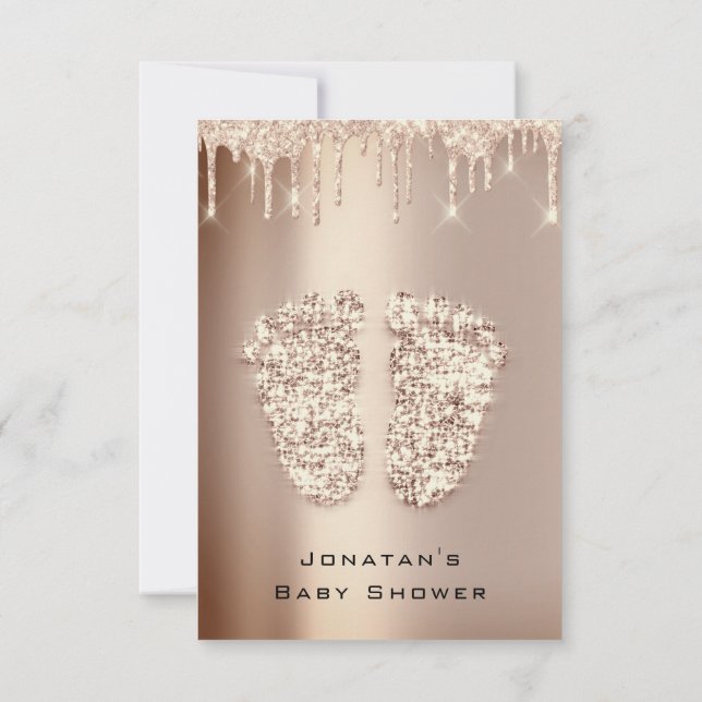 Drips Glitter Baby Shower Feet Rose Gold Girl Boy Invitation (Back)