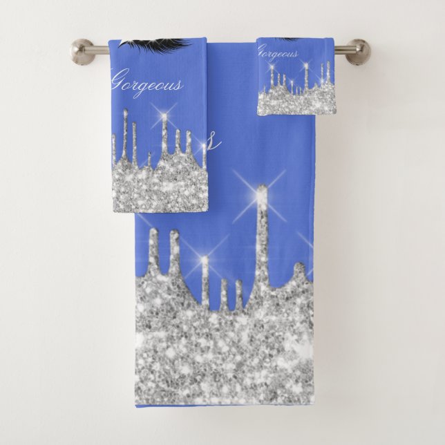Drips Glitter Silver Blue Grey Eyelash Hello Bath Towel Set (Insitu)