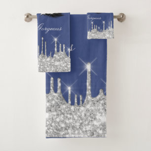Drips Glitter Silver Blue Navy Lash Hello Bath Towel Set