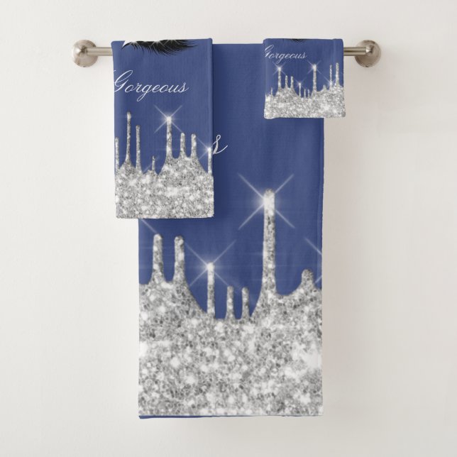 Drips Glitter Silver Blue Navy Lash Hello Bath Towel Set (Insitu)