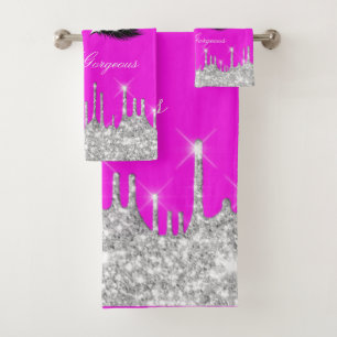 Drips Glitter Silver Grey Pink Lash Hello  Bath Bath Towel Set