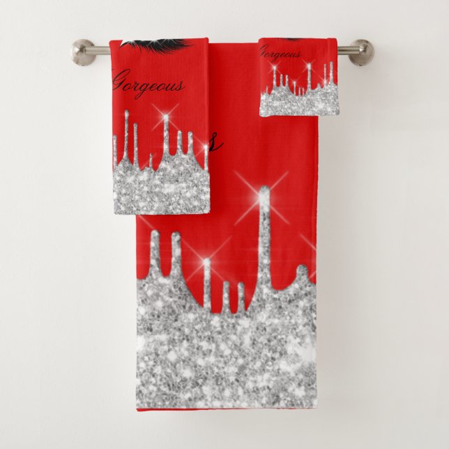 Drips Glitter Silver Red Lashes Hello  Beauty  Bath Towel Set (Insitu)