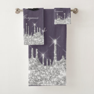 Drips Glitter Silver Smoky Purple Lash Hello   Bath Towel Set