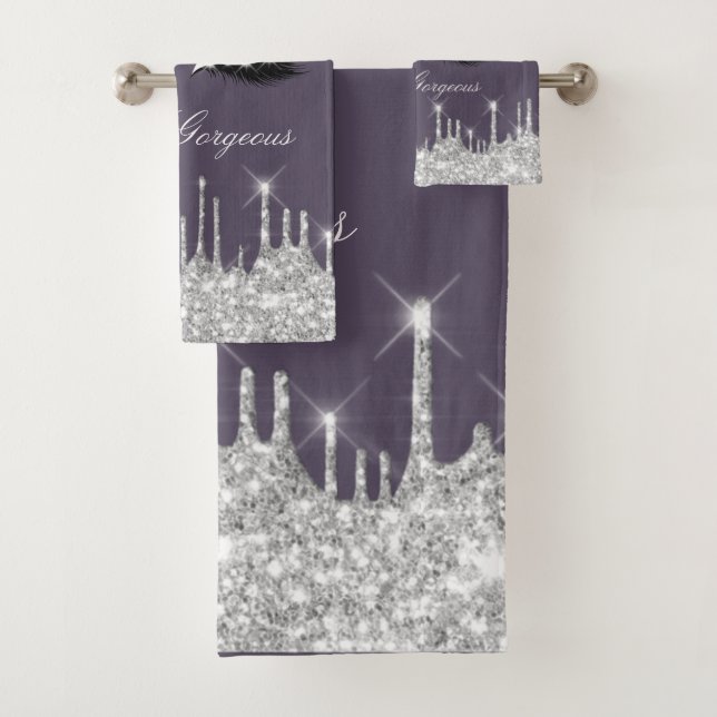 Drips Glitter Silver Smoky Purple Lash Hello   Bath Towel Set (Insitu)