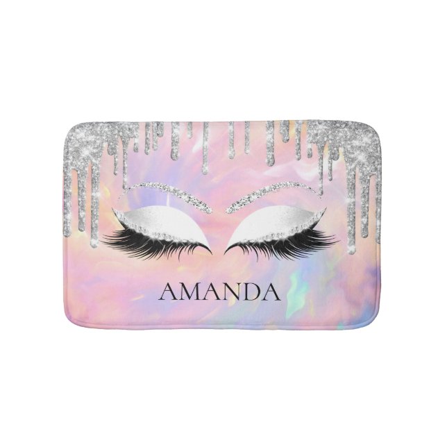 Drips Grey Name Eye Lashes Glitter Holographic Bath Mat (Front)