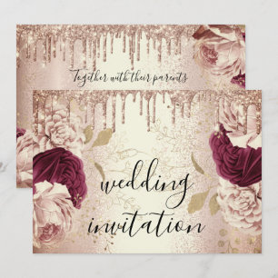 Drips Marsala Wedding Rose Gold Roses Burgundy Invitation