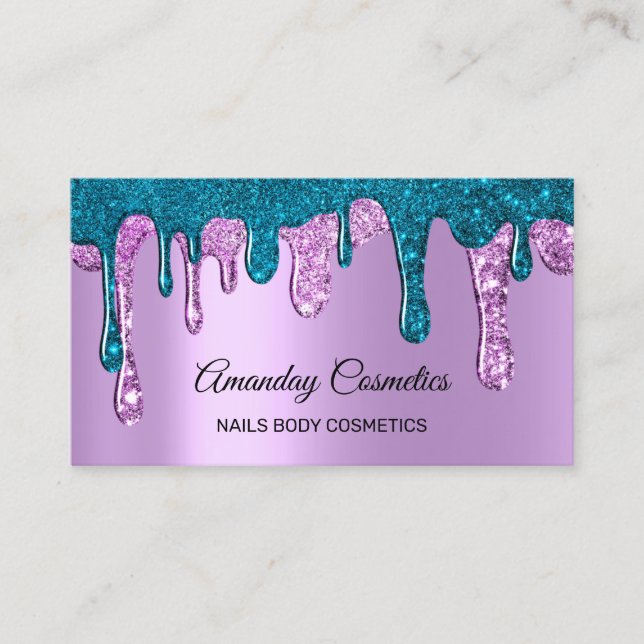 Drips Nails Wax Makeup Body Cosmetics Teal Purple Business Card (Front)