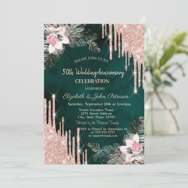 Drips,Palm Leaves,Roses Green Wedding Anniversary Invitation (Standing Front)