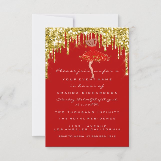  Drips Red Gold Glitter Bridal Sweet 16th Dress Invitation (Front)