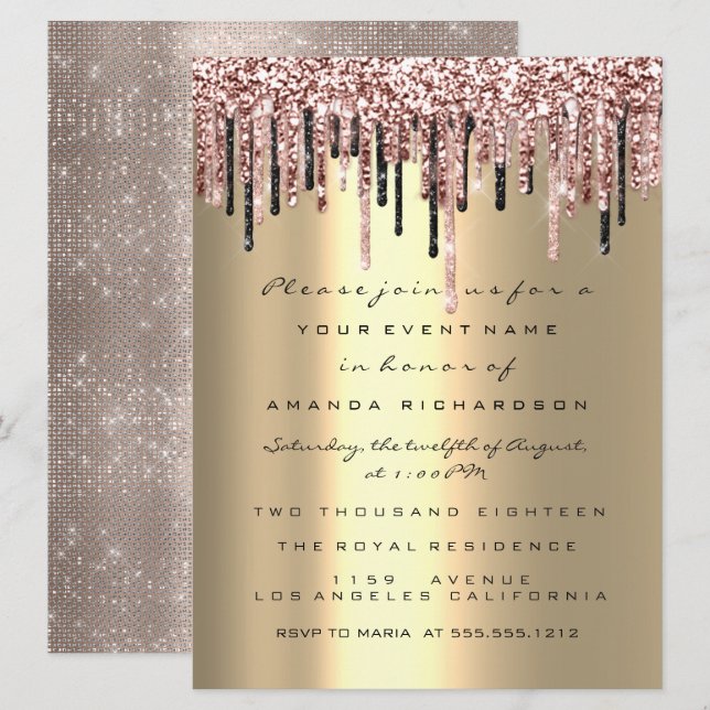 Drips Rose Birthday Bridal Wedding Elegant Gold Invitation (Front/Back)