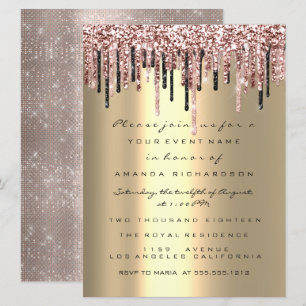 Drips Rose Birthday Bridal Wedding Elegant Gold Invitation