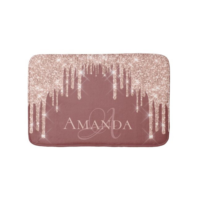 Drips Rose Blush Glitter Name Monogram Bridal Glam Bath Mat (Front)