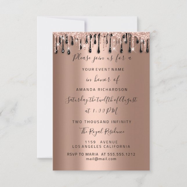  Drips  Rose Gold Black Sweet 16 Bridal Wedding  Invitation (Front)