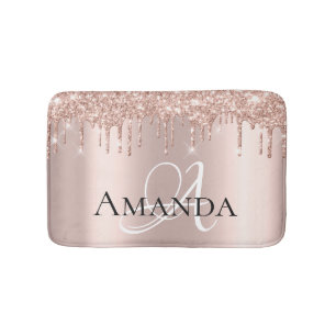 Drips Rose Gold Blush Glitter Name Monogram Bath Mat