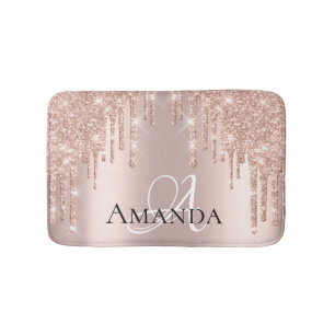 Drips Rose Gold Blush Glitter Name Monogram Pink Bath Mat