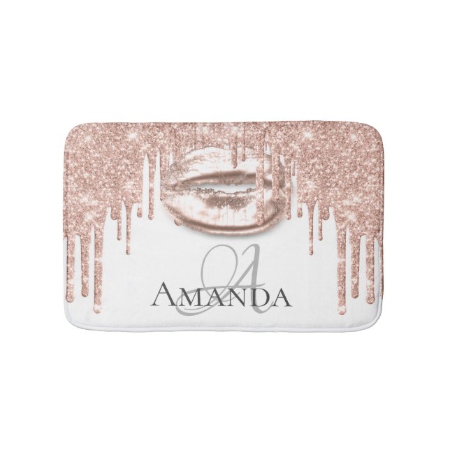 Drips Rose Gold Blush Glitter Name Monogram White Bath Mat (Front)