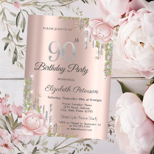 Drips Rose Gold Pink Flowers 90th Birthday Invitation