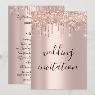 Drips Rose Gold Wedding Bridal Glitter Elegant Invitation