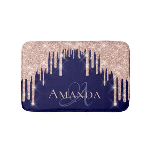 Drips Rose Spark Blush Glitter Name Monogram Navy Bath Mat