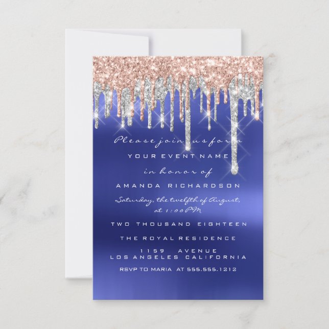 Drips Silver Blue Bridal Sweet 16th Wedding Invitation (Front)