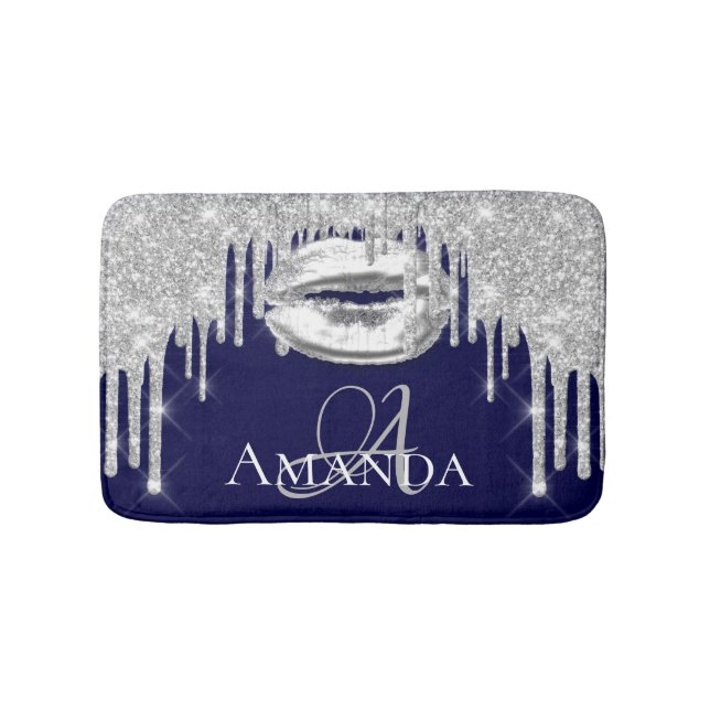 Drips Silver Gray Lips Glitter Name Monogram Navy Bath Mat (Front)