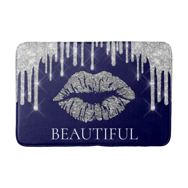 Drips Silver Kiss Lips Glitter Monogram Beautiful Bath Mat (Front)
