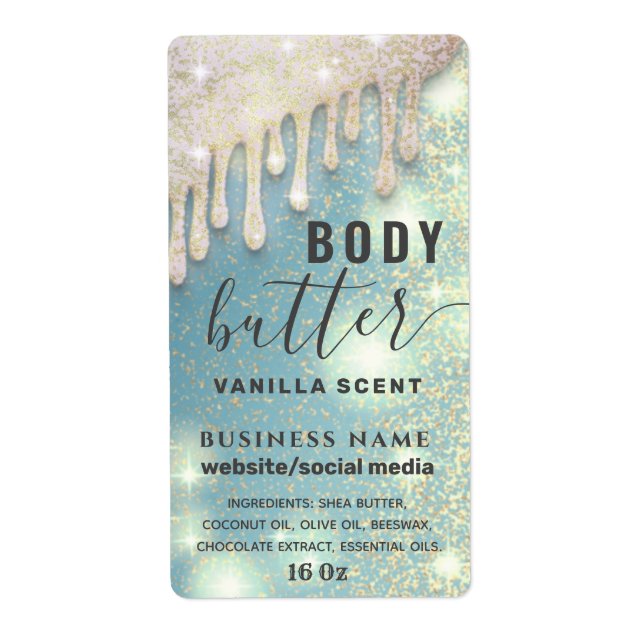 Drips sparkle glittery script body butter label (Front)