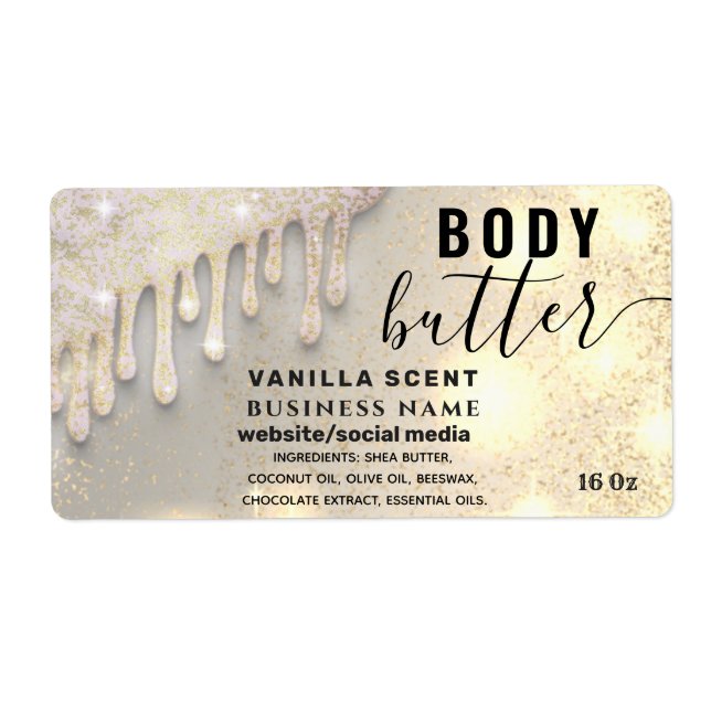 Drips sparkle glittery script body butter label (Front)