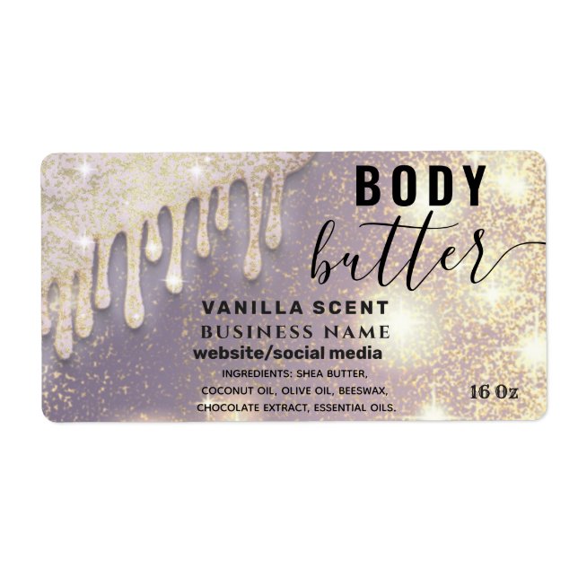 Drips sparkle glittery script body butter label (Front)