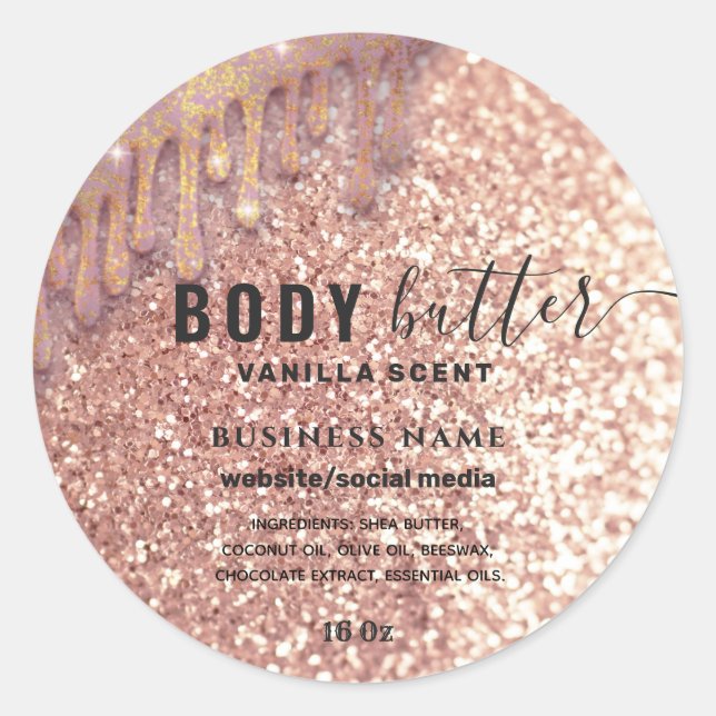 Drips sparkle rose gold glitter body butter label (Front)