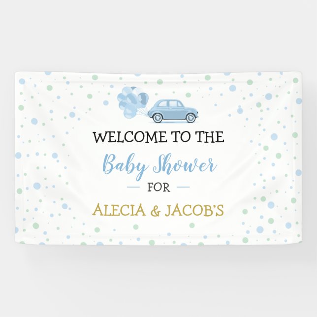 Drive  Blue Car Balloons Boy Baby Shower Backdrop Banner (Horizontal)