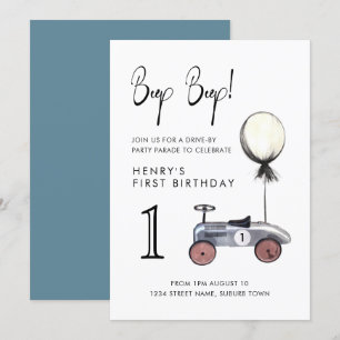 Drive by 1st Birthday Parade Retro Minimal Car Invitation