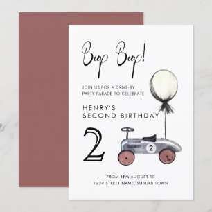 Drive by 2nd Birthday Parade Retro Minimalist Car Invitation
