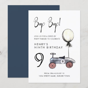 Drive by 9th Any Age Birthday Parade Retro Car Invitation