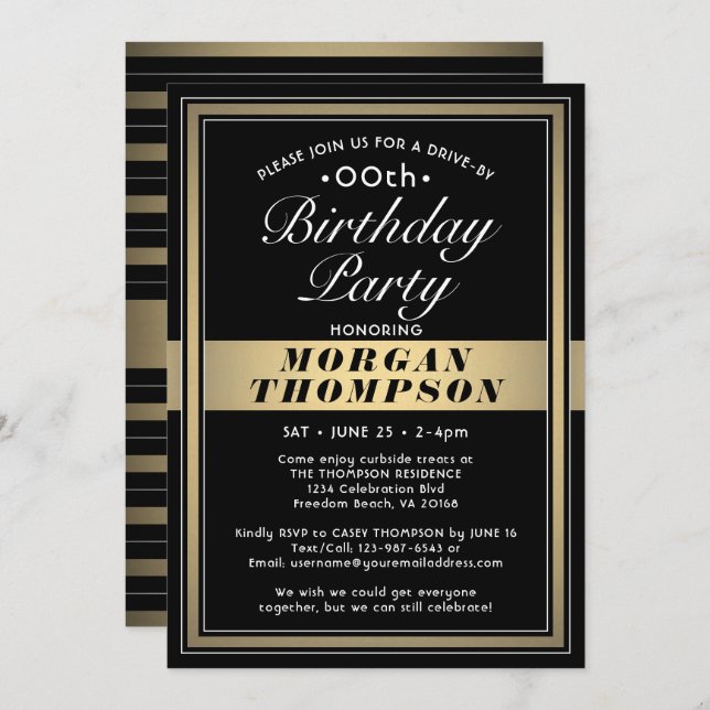 Drive-By Any Birthday Black Gold and White Party Invitation (Front/Back)