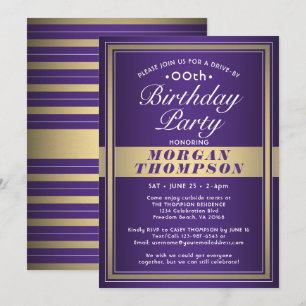 Drive-By Any Birthday Purple Gold and White Party Invitation