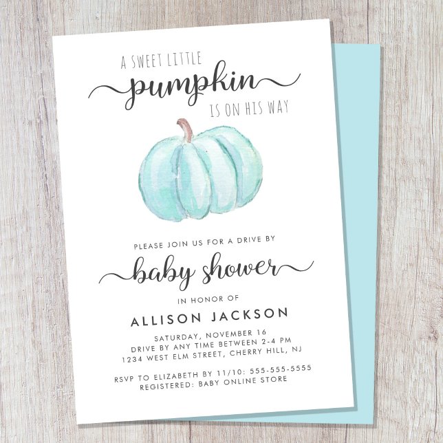 Drive By Baby Boy Shower Blue Pumpkin Watercolor Invitation (Celebrate the upcoming arrival of your autumn baby boy with a pumpkin-themed drive by baby shower)