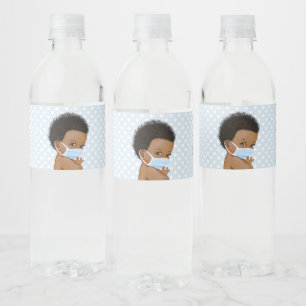 Drive By Baby Shower African American Baby Mask Water Bottle Label