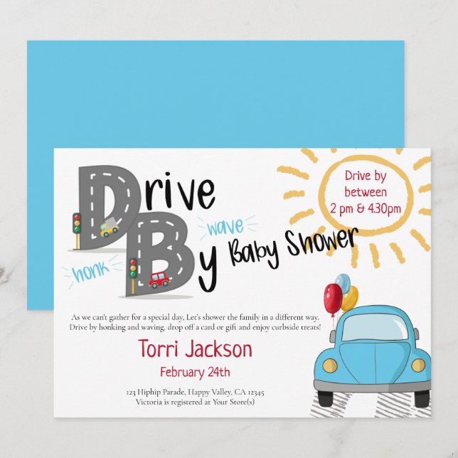 Drive By Baby Shower Blue Car and Balloons Invitation (Front/Back)