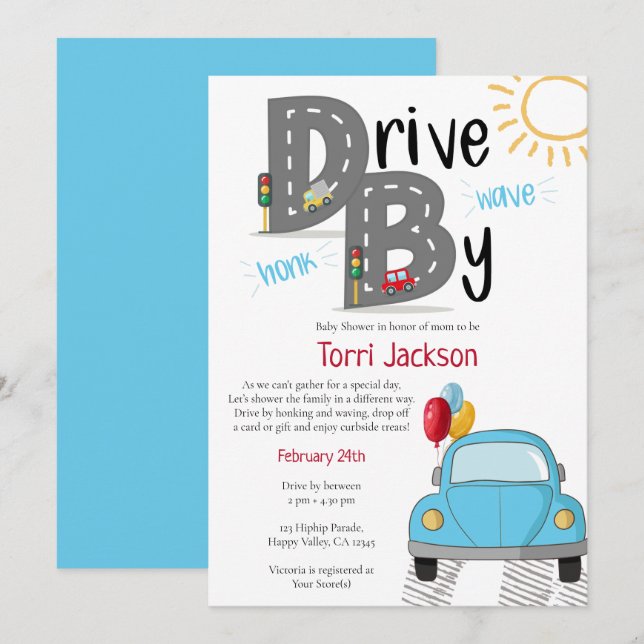 Drive By Baby Shower Blue Car for Boy Invitation (Front/Back)