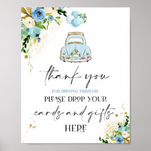 Drive By Baby Shower Cards Gifts Sign Blue Floral