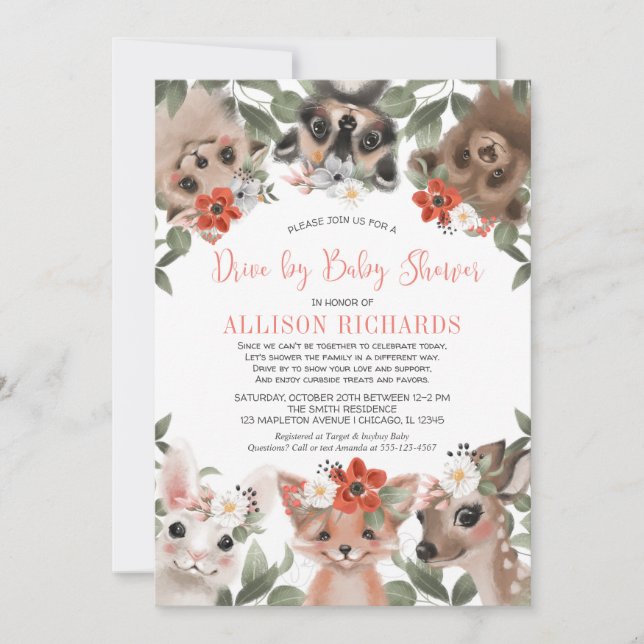 Drive by baby shower girl woodland forest animals invitation (Front)