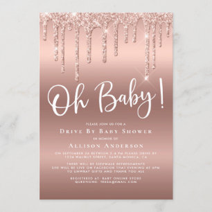 Drive By Baby Shower Glitter Drip Rose Gold Invitation