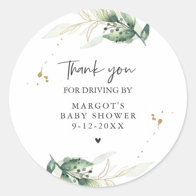 Drive By Baby Shower Greenery And Gold Classic Round Sticker (Front)