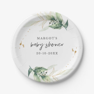 Drive By Baby Shower Greenery And Gold Paper Plate