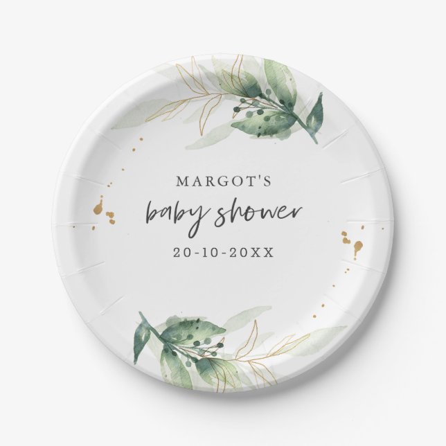 Drive By Baby Shower Greenery And Gold Paper Plate (Front)