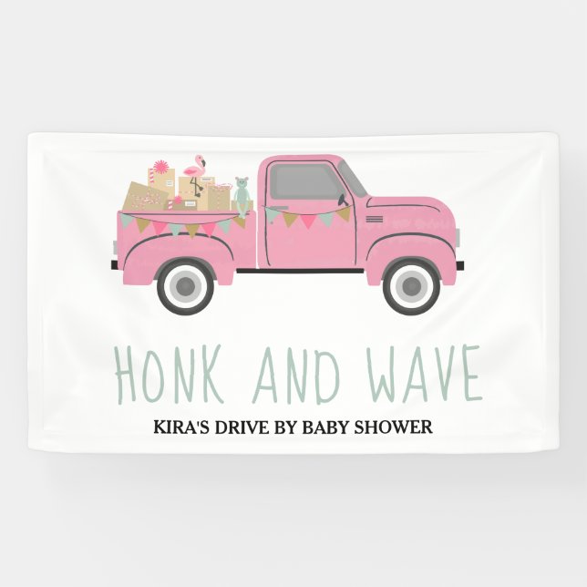 Drive By Baby Shower Honk & Wave Pink Truck Banner (Horizontal)