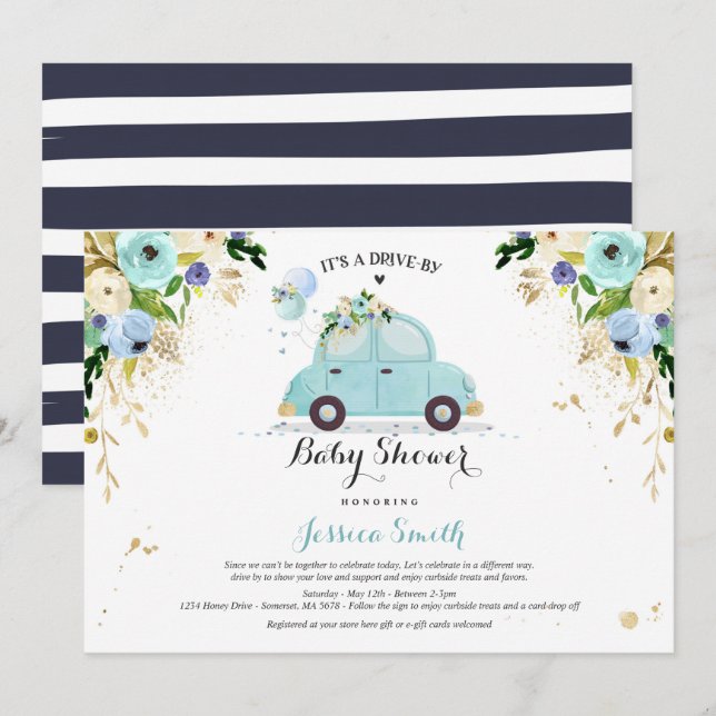 Drive By Baby Shower Invitation Blue Floral Shower (Front/Back)