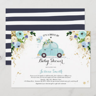 Drive By Baby Shower Invitation Blue Floral Shower